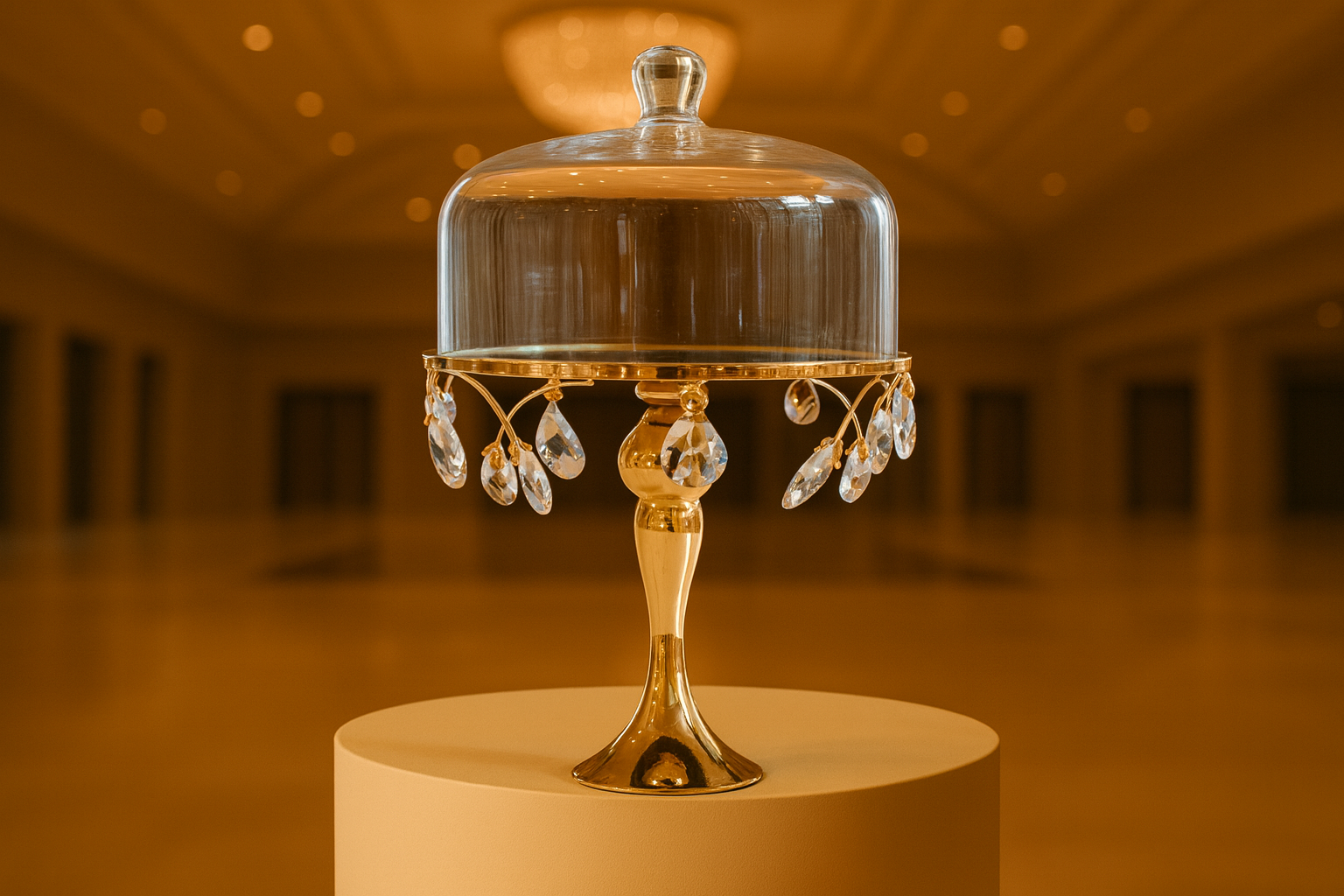 Imagen principal del producto Base de pastel dorada con cúpula de cristal y colgantes decorativos.