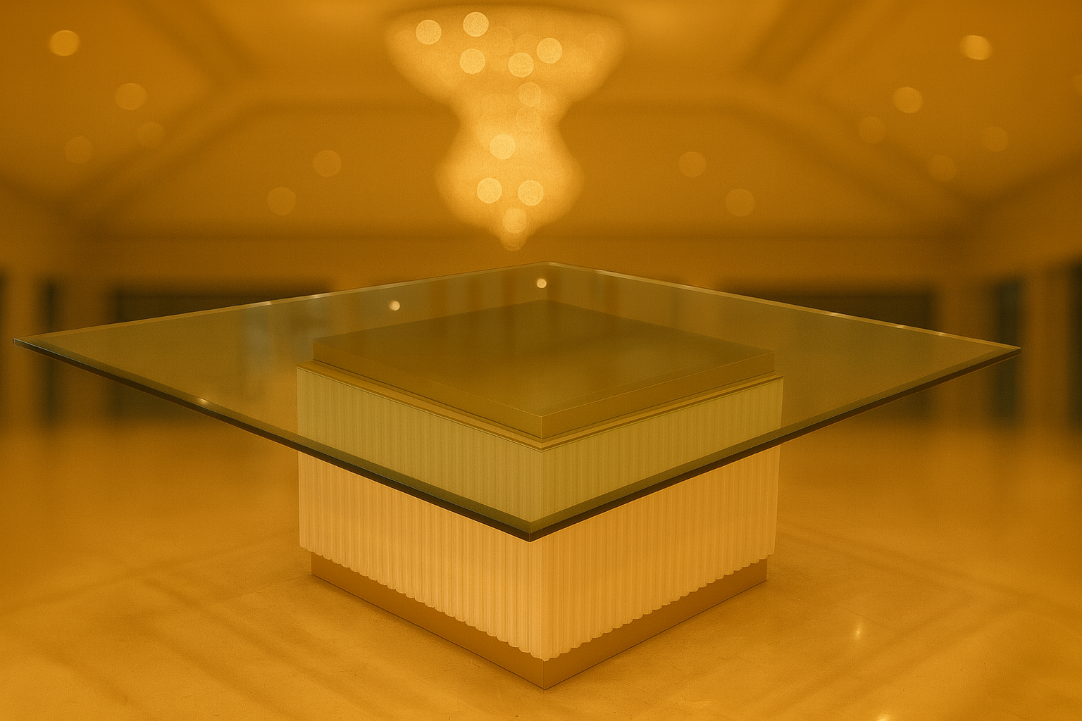 Imagen principal del producto Mesa cuadrada con base blanca acanalada y cubierta de cristal.